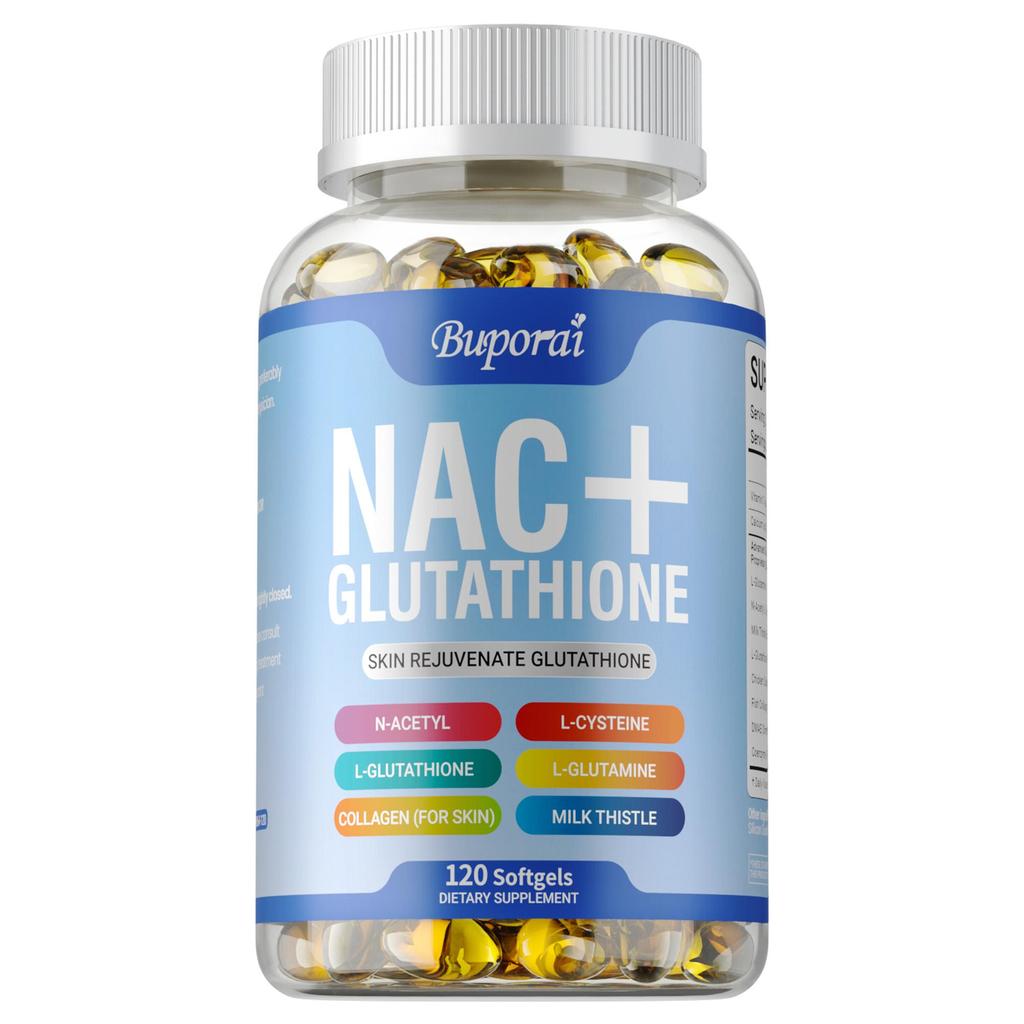 Capsule con Complesso NAC+ Glutatione, contenenti collagene, estratto di cardo mariano, antiossidante, adatte agli adulti.