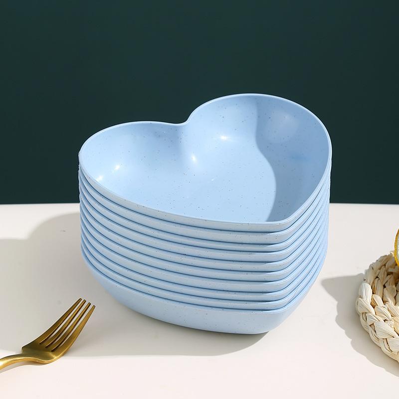 5Pcs Creative Color Heart Shaped Plate Wheat Straw Household Living Room Fruit Dim Sum Plate Fashionable Children Tableware