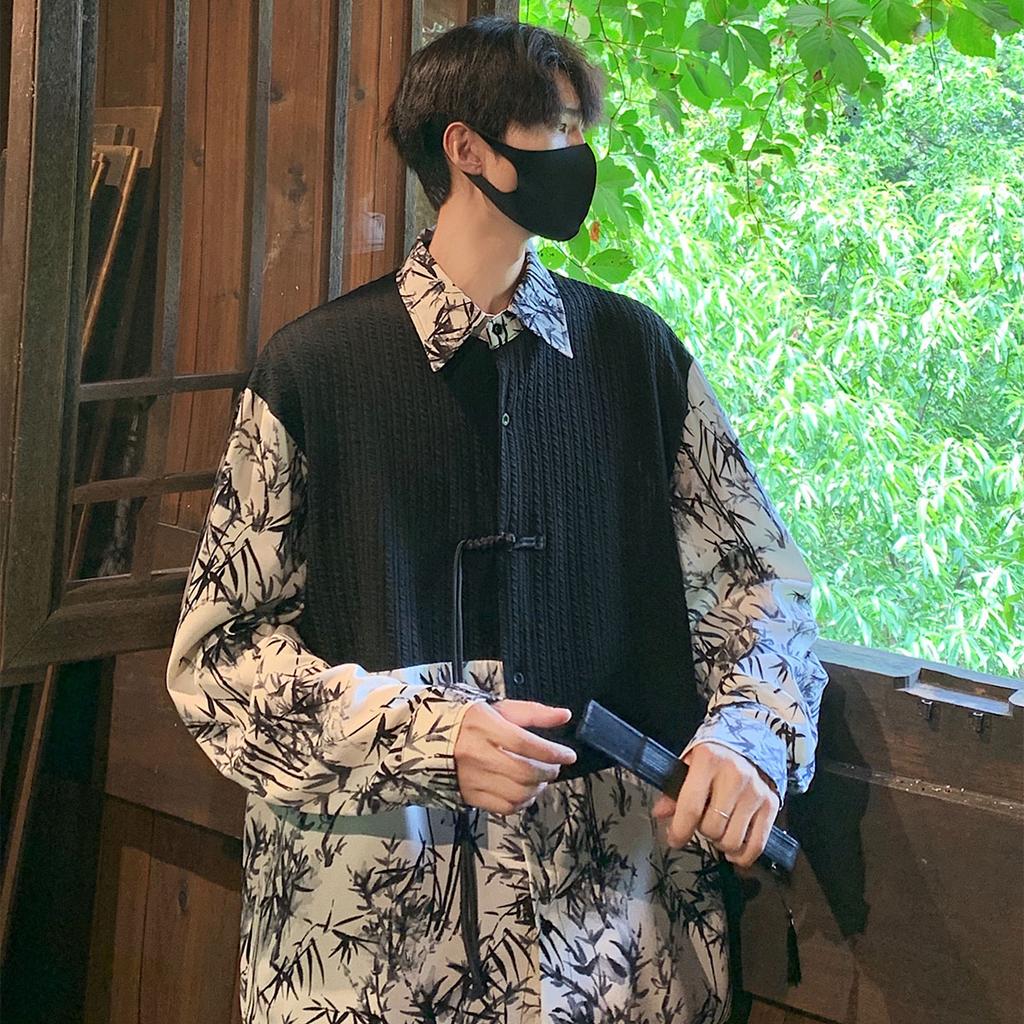 New Chinese Style Loose Tie-Dye Long Sleeve Shirt Men's Fashion Design Summer BF Trendy Patchwork Fake Two-Piece Button Shirt