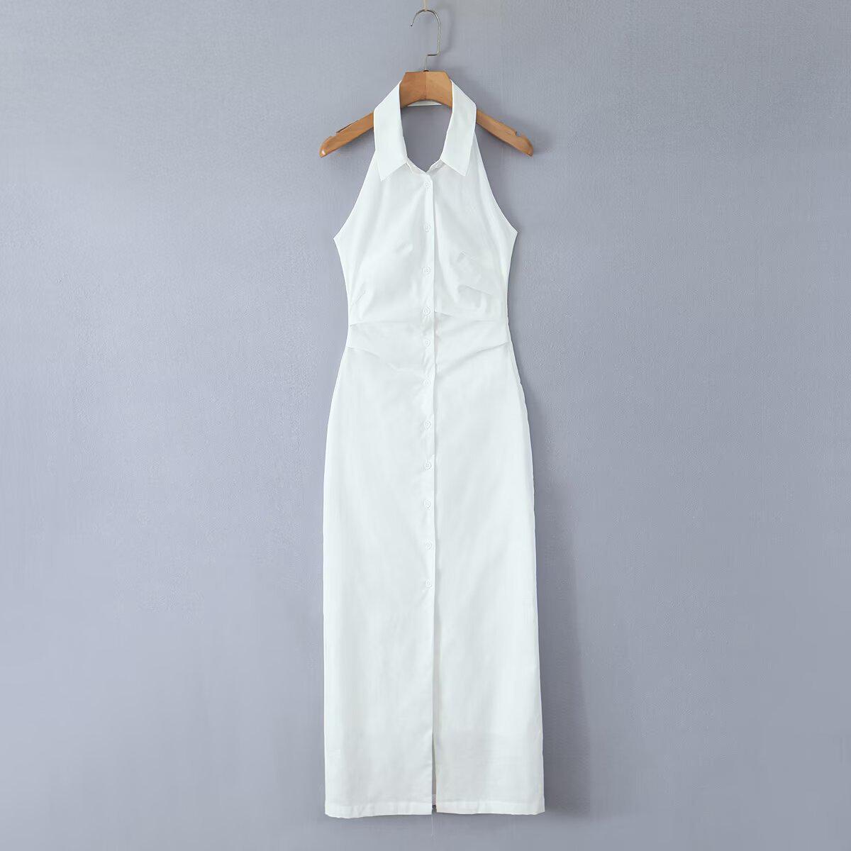 2025 European Style Halter Neck Waist-Cinched Slimming Long Dress Large белый