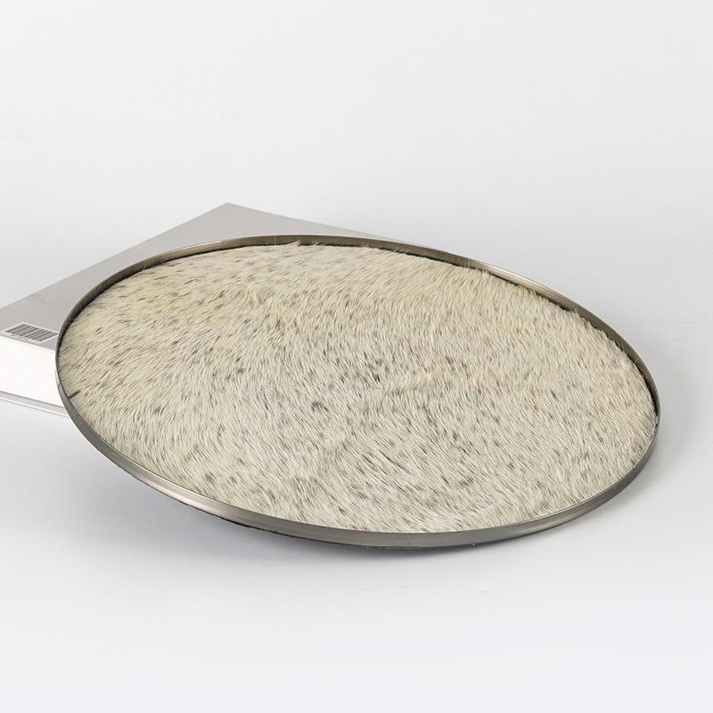 Light Luxury Stainless Steel Storage Plush Round Tray Ornaments Living Room Coffee Table Model Room Home Desktop Soft Decorations