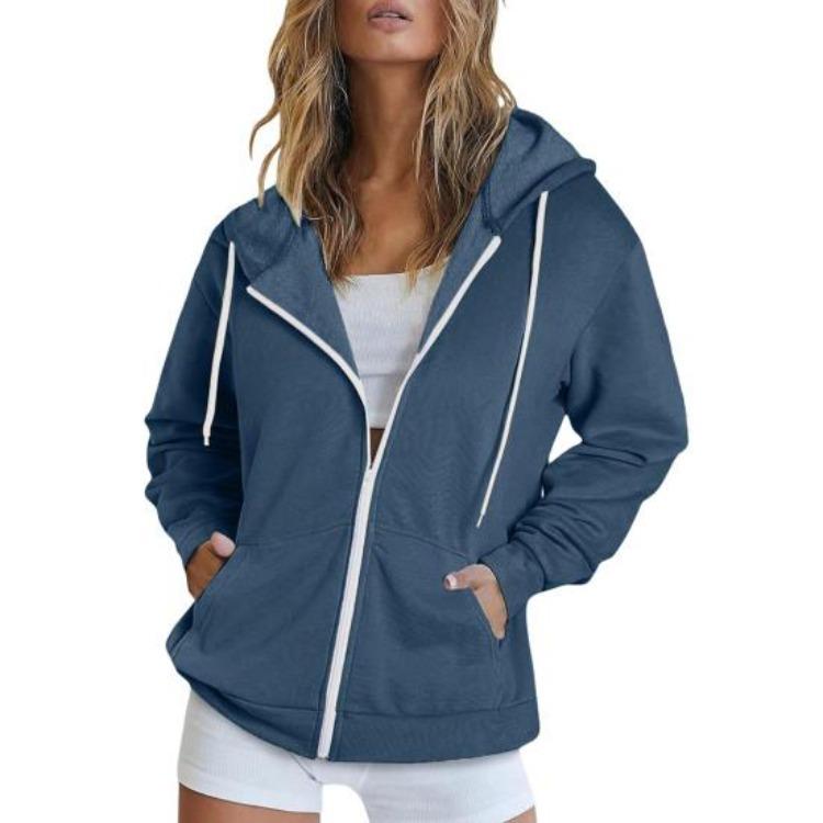 Women Loose Sport Hoodie Autumn Spring Coat with Hood Drawstring Long Sleeves Pockets Zip Up Elastic Cuff Hem