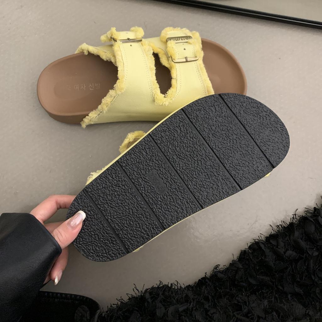 Belt buckle round head leaking toe half slippers women's 2025 summer new outer wear Boken sandals retro casual beach women's shoes