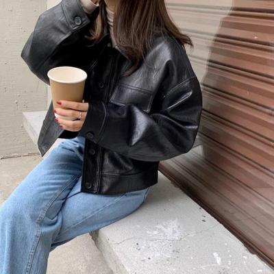 Women's Korean Style Black Leather Motorcycle Jacket - Spring/Autumn 2025, High-End, Small, Short, Loose Fit