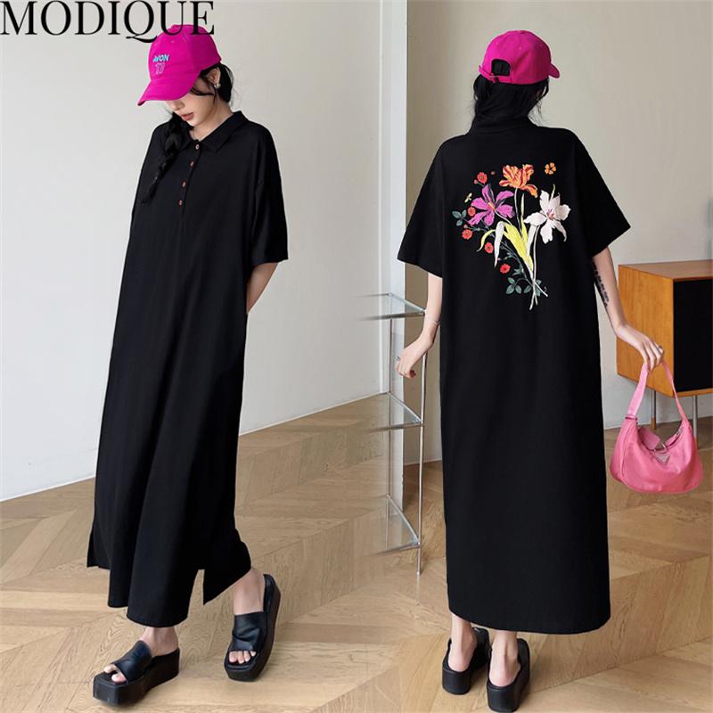 MODIQUE Summer Plus Size New Women Loose A-Line Printing Solid Color Long Dresses Elegant Lady Casual Cotton POLO Short Sleeve Skirt
