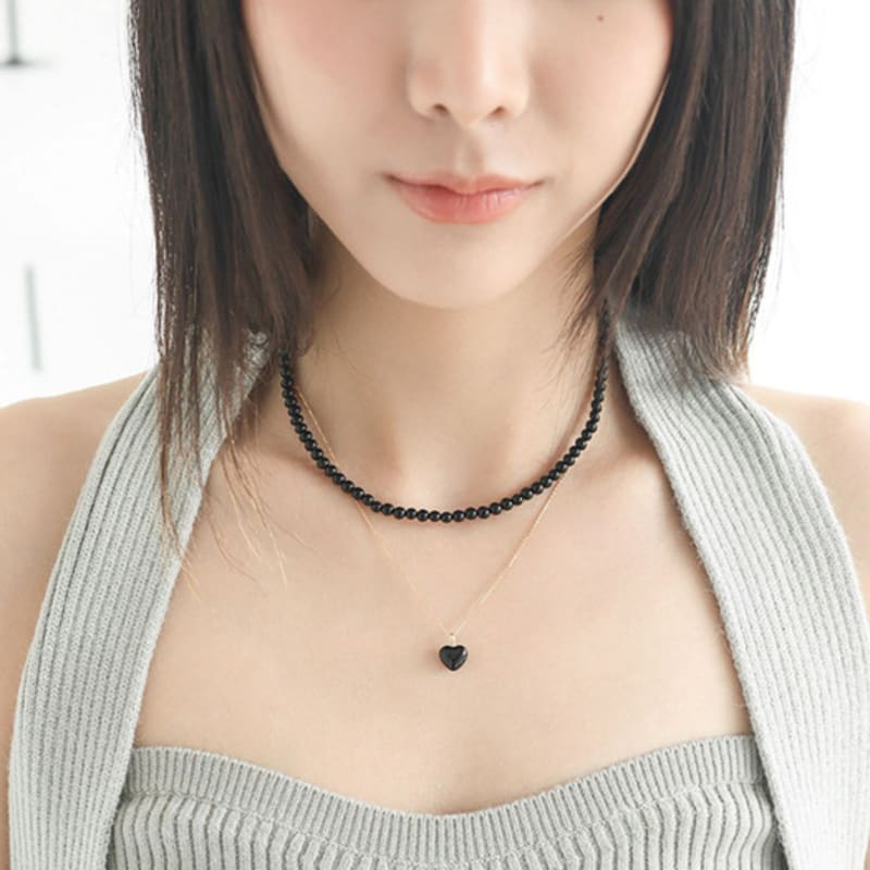 Modernlike 14k Gold-filled Silver Black Quartz Crystal Heart Necklace 2-piece Set