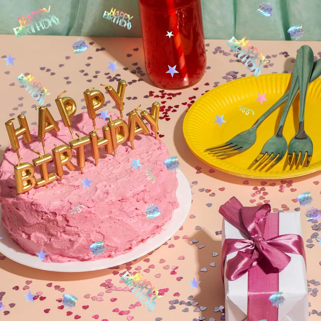 600PCS Happy Birthday Confetti, Glitter Iridescent Party Decorations, Metallic Colorful Table Scatter with Mini Cakes Balloons Stars Ribbons Confetti