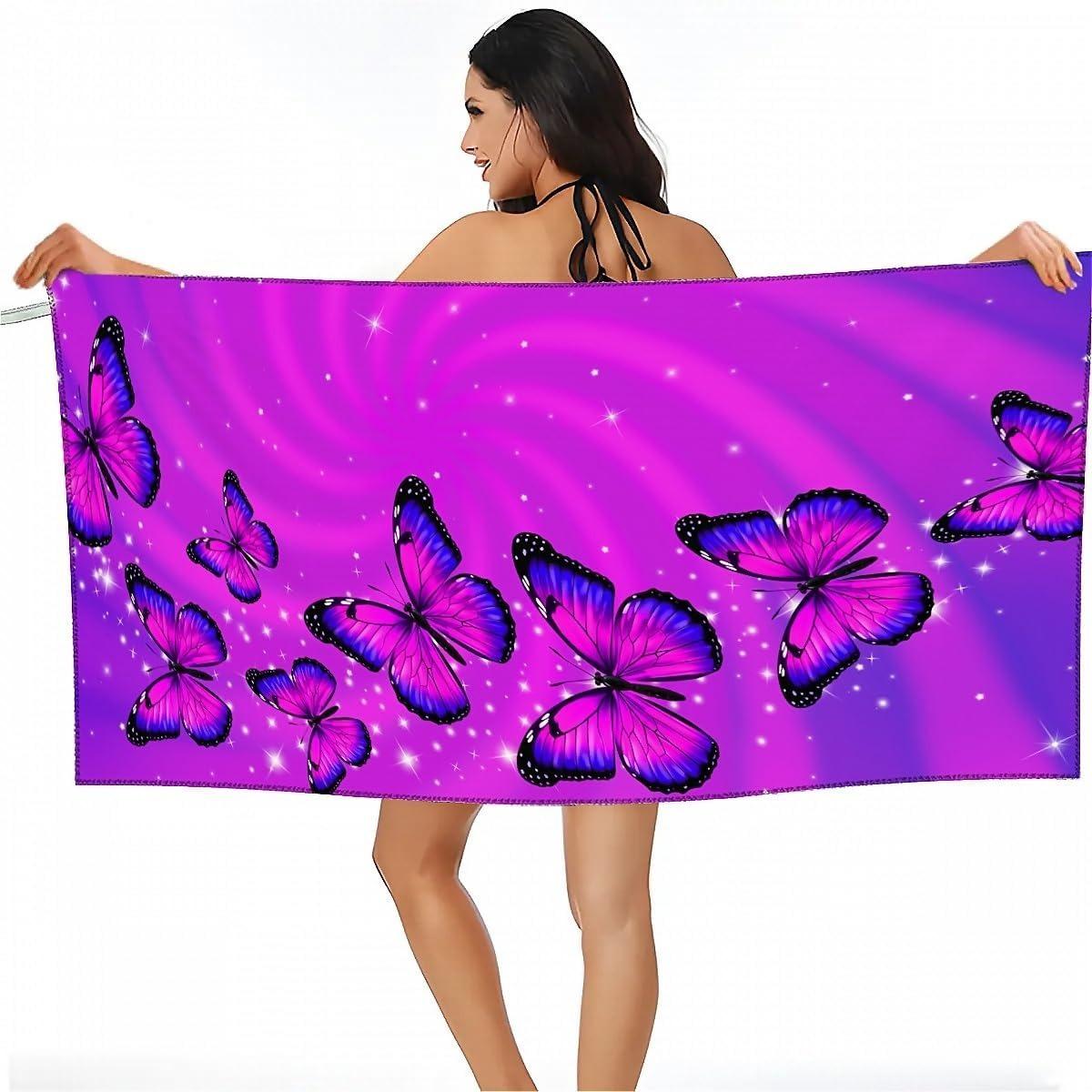 

Butterfly purple pattern Beach Towel for Family stuffs friend Gift Quick-Dry Sand free For Bath Yoga Beach Camping Swimming GYM W30*H60(CM)