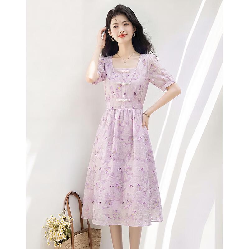Elegant French Style Floral Print Midi Dress
