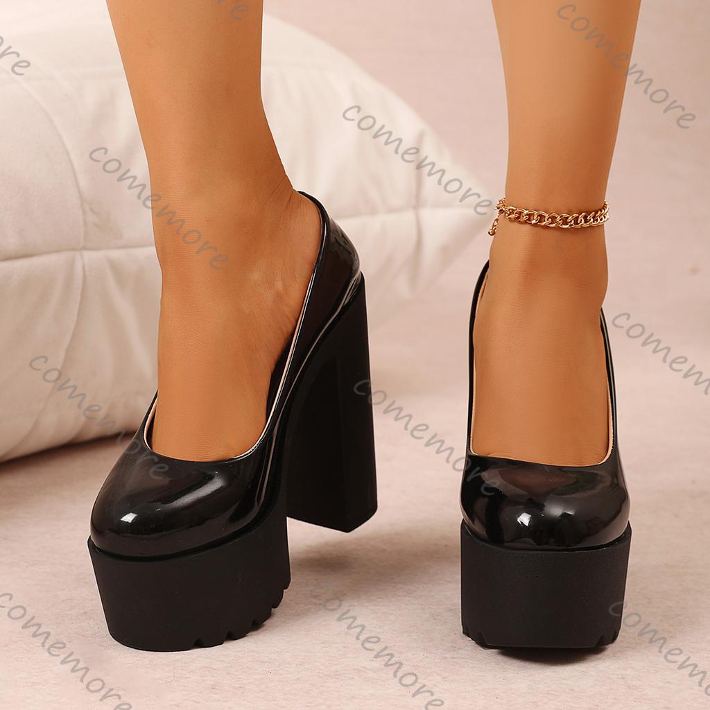 Comemore 2025 New Spring Autumn Super High Heel Women Shoes Sexy Patent Leather Round Head Pumps Platform Thick Heeled Shoes