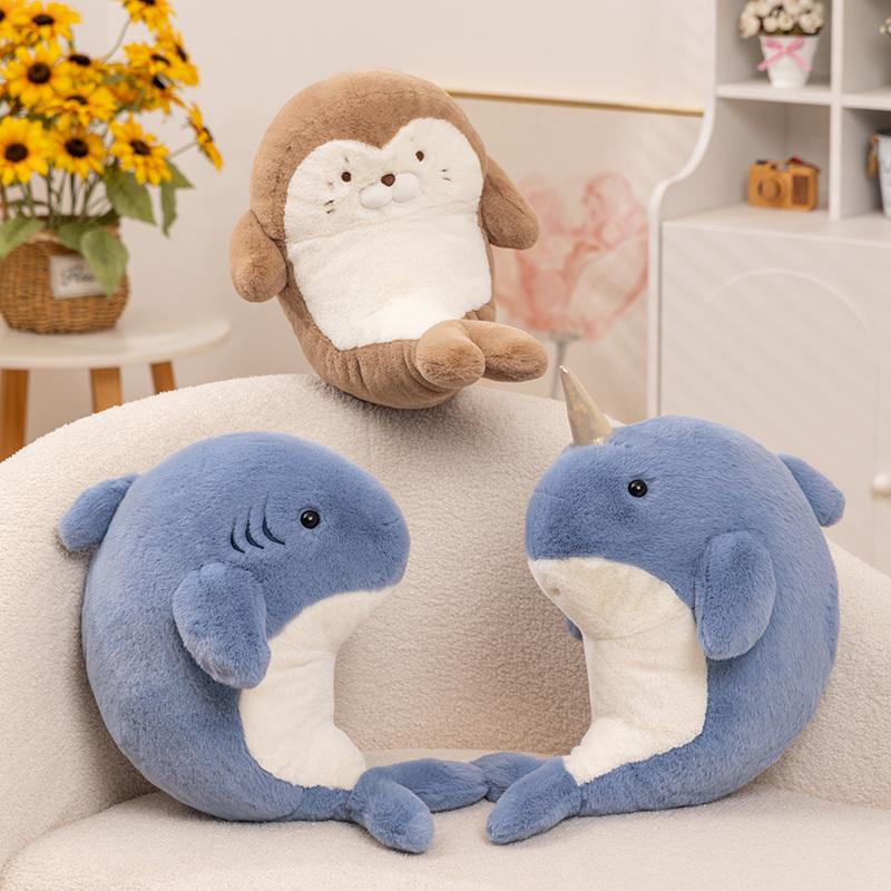 35/70cm Cartoon Cute Marine Animal Seal Plush Doll Pillow Soft Shark Narwhal Plush Toy Home Decor Appease Gift For Children