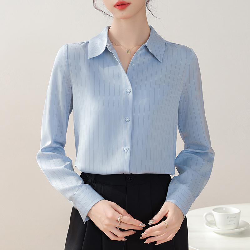 Women's Ash Blue Satin Long Sleeve Shirt - Retro Hong Kong Style, Spring Commute, Concealed Placket, Versatile Drapey Blouse