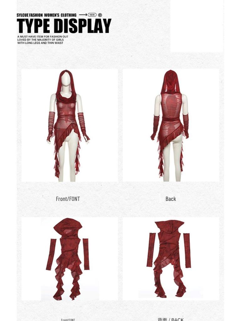 2025 Halloween Red Cowl Neck Hooded Ruffle T-shirt for Women