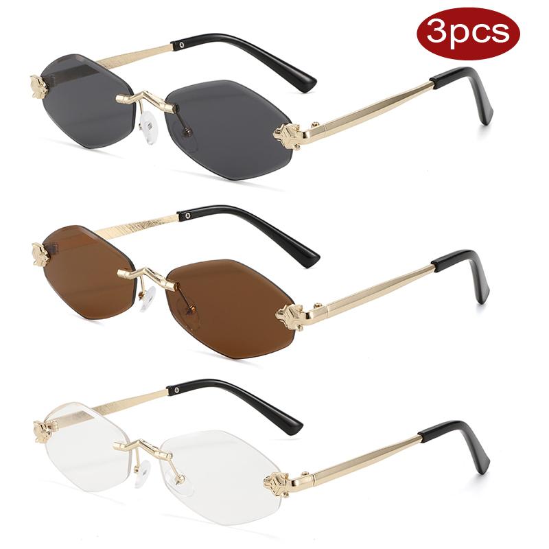 

3Pcs Vintage Small Polygonal Sunglasses For Women Luxury Brand Rimless Rhombus Sun Glasses Woman Fashion Metal Shades Eyewear