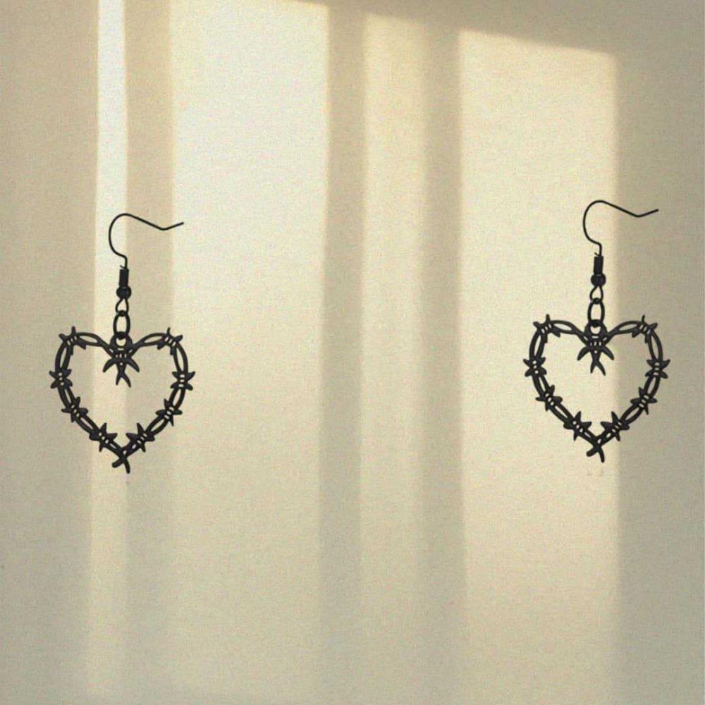 Gothic Punk Black Double-layered Barbed Wire Woven Heart Shape Pendant Dangle Earrings for Men Women Halloween Fashion Jewelry