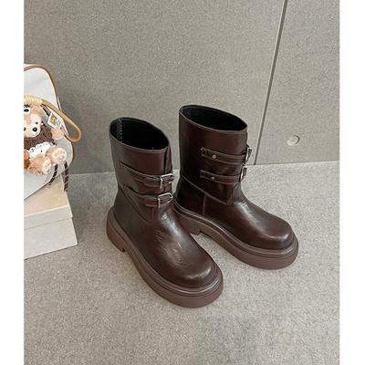 Wu Xuanyi Has the Same Round Head Versatile Platform Martin Boots for Women 2025 Autumn and Winter British Style Thick Heel Belt Buckle Short Boots F
