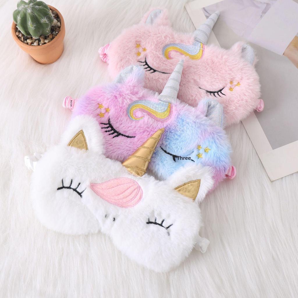 Niedliche Einhorn Kaninchenfell Bestickte Plüsch Schlafmaske zum Lichtblockieren & Augenschutz
