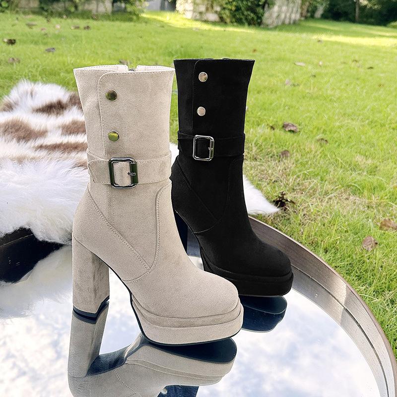 Small thick-soled thick-heeled short boots women's 2025 new autumn retro suede super high-heeled elastic thin boots