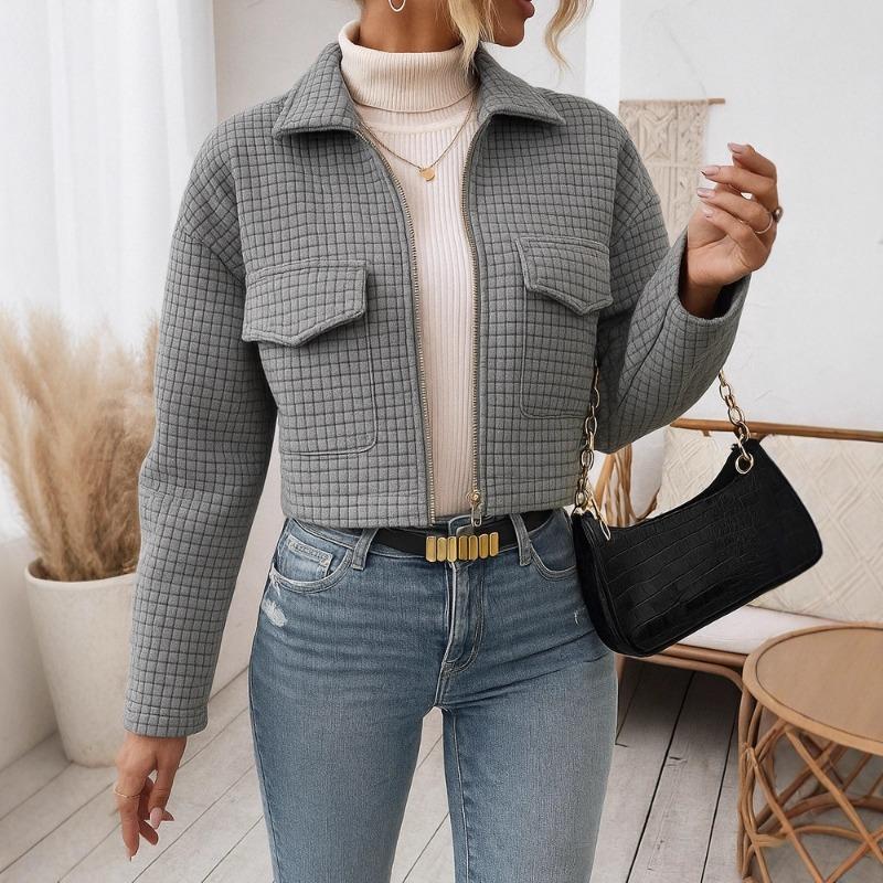 2025 New Women's Autumn and Winter New Spliced Simple Long-sleeved Zipper Lapel Woolen Jacket