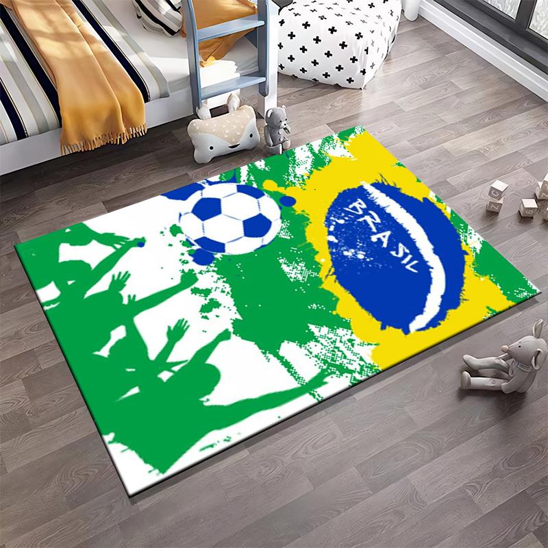 Fußballteppich inspiriert von der brasilianischen Flagge mit grünem, gelbem und blauem Design, geeignet als Antirutsch für Wohnzimmer, Schlafzimmer, Sofas