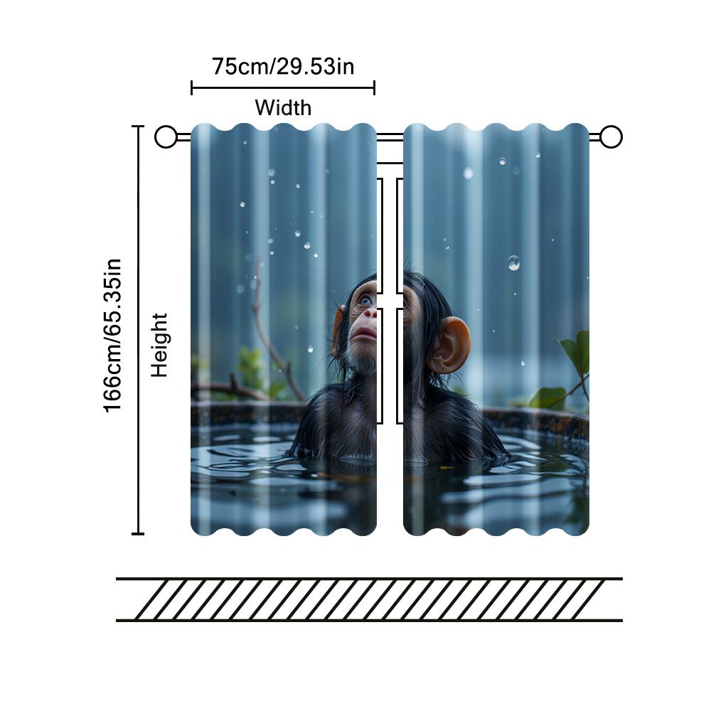 2 Pcs, Filtering Curtains (excluding Rods, Non-movable, Without Batteries) Playful Monkey In Bathtub for Use In Bedrooms and