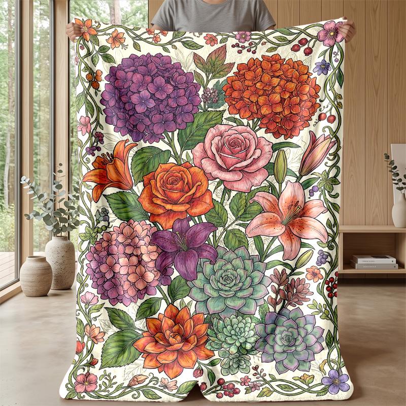 Elegant Rose Floral Design Theme Blanket Lightweight Warm Flannel Blanket Decorative Throw Blanket for Home Decoration