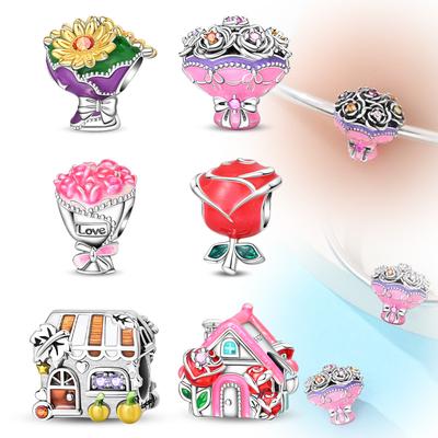 New Copper Rose Flowers House Precious Beads Charms Beads Fit Original Bracelets Diy Jewelry Gift