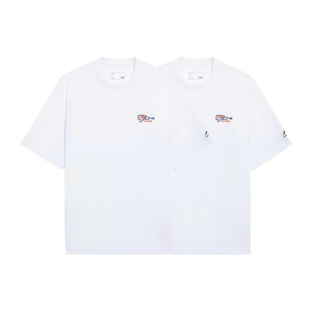 Li-Ning Embroidered Pattern Solid Color Round Neck Casual T-Shirt Men Tops White AHSS323-1