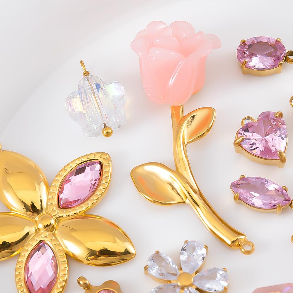 2pcs Gentle Pink Crystal Zircon Bead Stainless Steel Charms Rose Flower Heart Necklace Pendant Women DIY Earring Jewelry Making