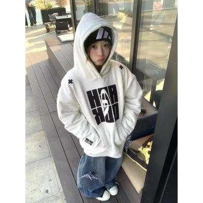 Hiphop Chic Letter Embroidered Hooded Sweatshirt Women In Autumn Winter Plus Velvet Design Niche High Street Jacket