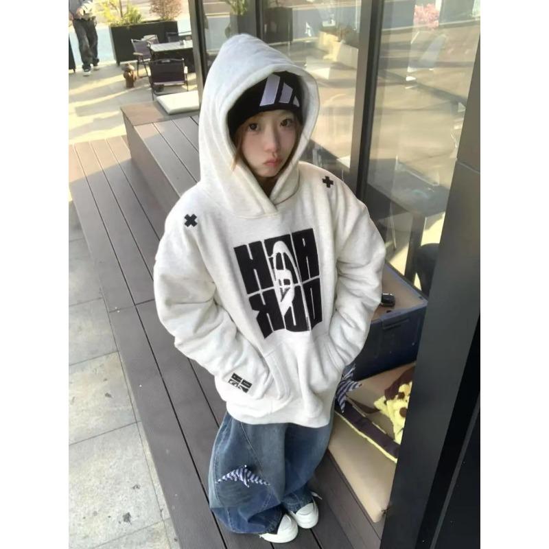 

Хип-хоп Шик Толстовка с капюшоном с вышивкой букв Женская Осень Зима Плюс Бархат Дизайн Нишевая Уличная Куртка L серый