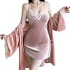 Sexy female autumn and winter new velvet slit suspender pure desire suspender nightgown set