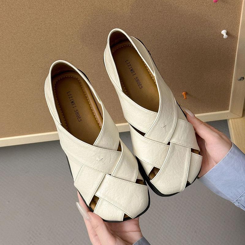 

Fashion 2025 leather knitting versatile women s shoes original flat soft bottom single shoes art casual sandals 35 бежевый