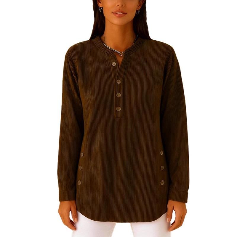 Blusa Informal de Terciopelo Rojo para Mujer Otoño, Cuello Henley con Botones, Dobladillo Curvo