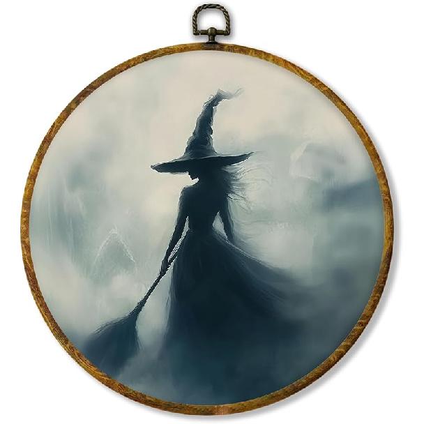 shiviody Fall Halloween Pumpkin Canvas Wall Art Decor, Autumn Halloween Hat Wall Art, Dark Moody Thanksgiving Round Hanging Frame Prints Decorations