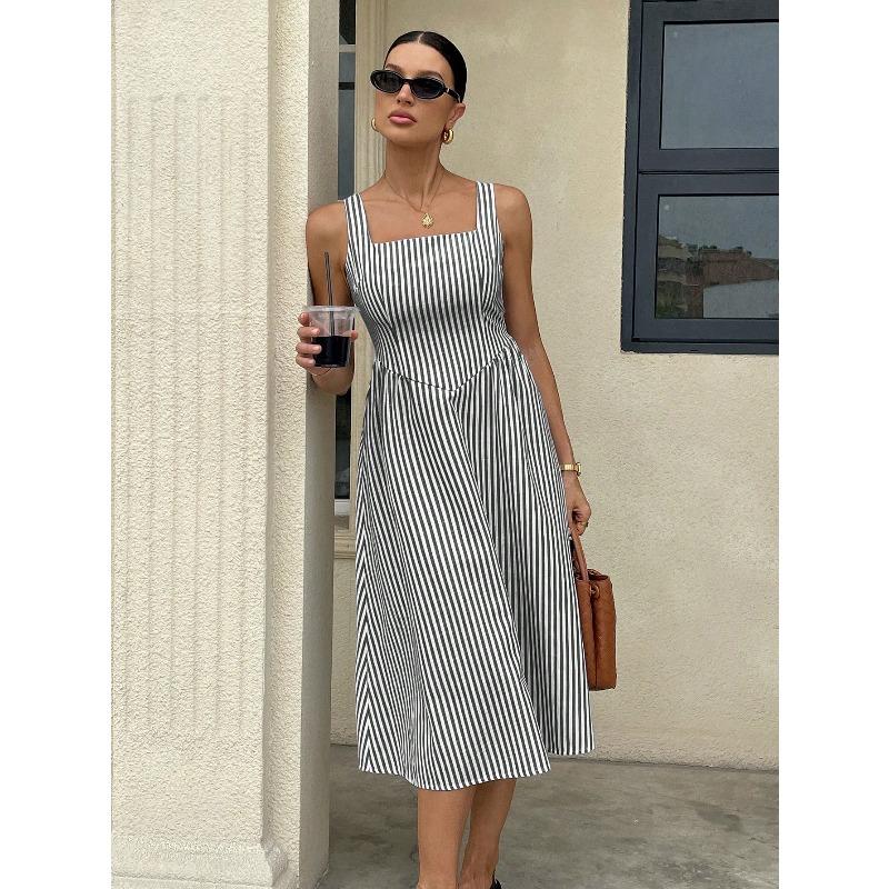 YYFS Women's Fashion Summer Spring Stripe Print Sleeveless Square Collar High Waist Casual Dresses