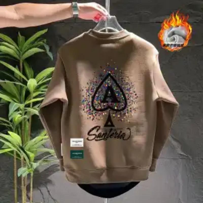 

Letter Printed Round Neck Sweatshirt Men s Autumn and Winter Street Plus Velvet Thick Loose Top Design Niche S коричневый
