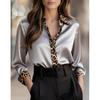 New Cross-Border Spring And Autumn Slim-Fit Long-Sleeve Leopard Print Round-Neck Satin Patchwork Shirt For Women