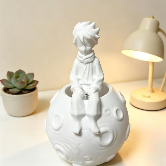 Artistic Office Desk Accessory 3D Printed Little Prince on Planet Pen Holder, Multi-Functional Hollow Storage for Literary Art Ornament Pencil Makeup