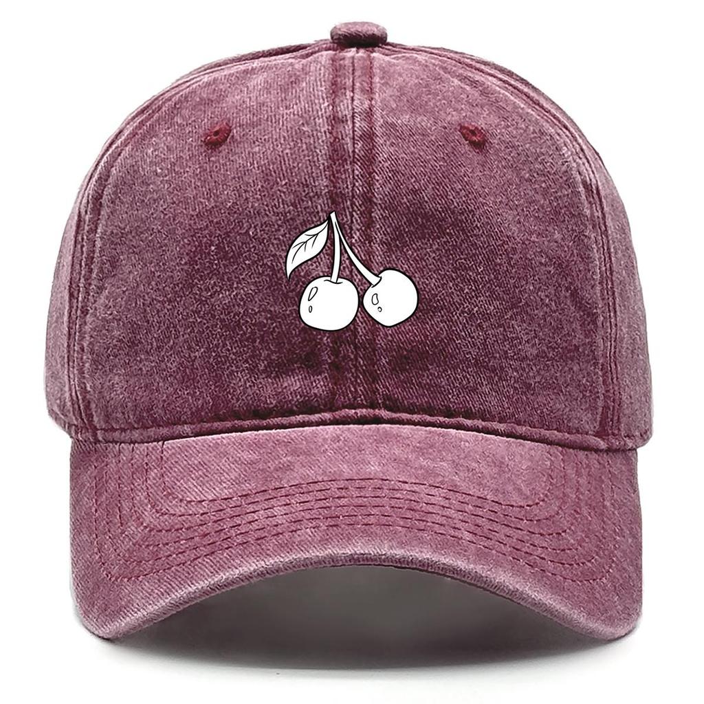 White Cherry Print Snapback Baseball Cap, Fruit Dad Hat Unisex Simple Sunshade Non-Stretch Fabric Adjustable Baseball Hat