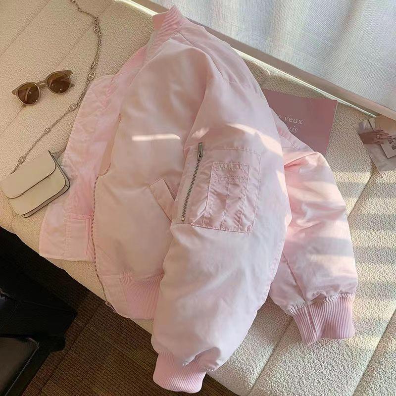 Rosa Jacka i Baseballstil Vinter Varm Vadderad Kappa Kort Ståkrage Söt Ungdomlig Mode Ytterkläder