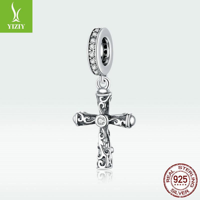 S925 Silver Vine Cross Pendant - European & American Style, Retro Pattern DIY Jewelry Accessory (BSC313)