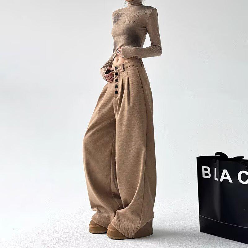2024 Autumn/Winter Women's Corduroy Wide-Leg Pants - Single-Breasted Pleated Design, Slimming Fit