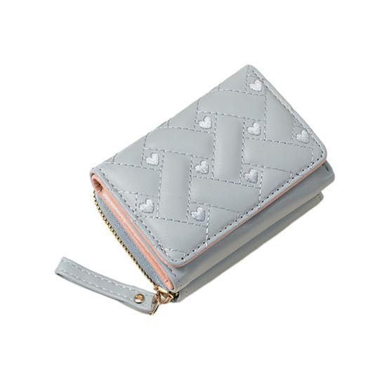 Women Stylish Tri-Fold Wallet Embroidered Heart Cash Wallet Mini Card Holder Wallet with Zippered Coin Pocket for Dating Shopping