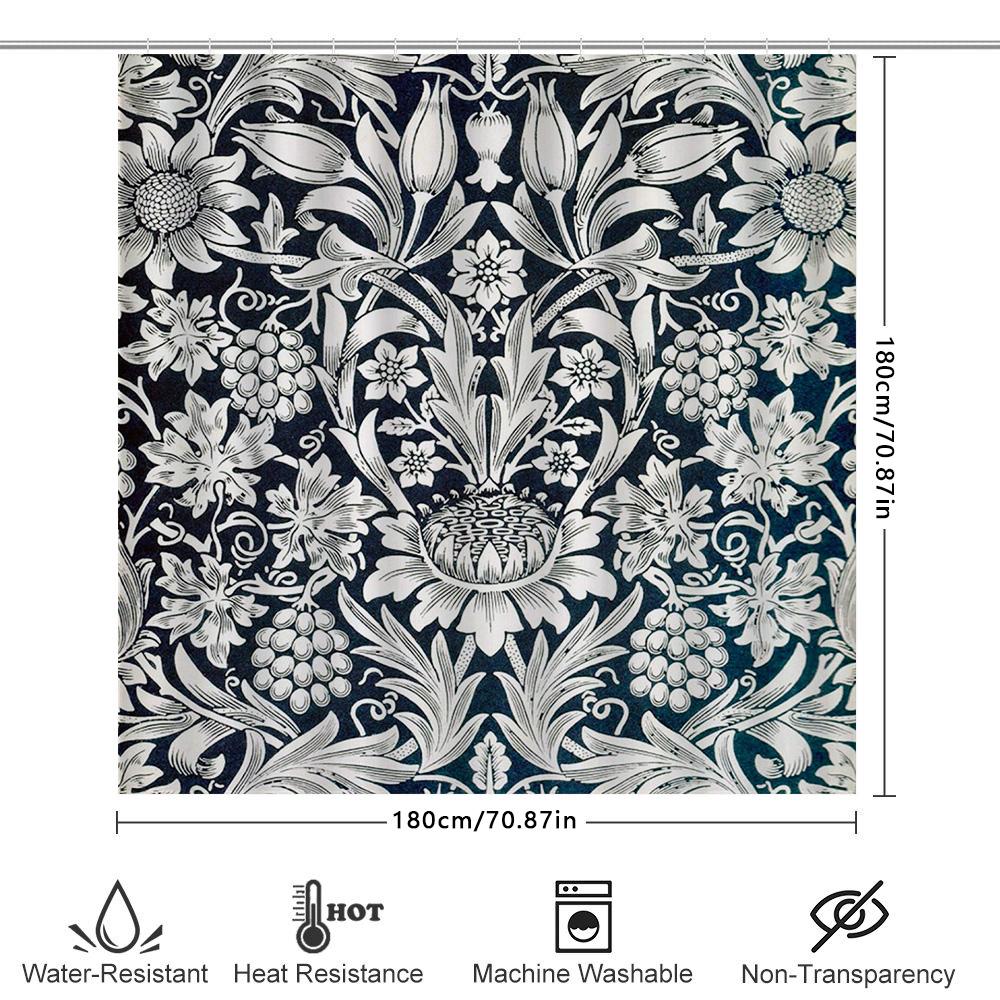 Vintage Floral Shower Curtain with Soft Waterfall Effect for Bathroom Decor Navy White Elegant Print, Durable Waterproof Fabri