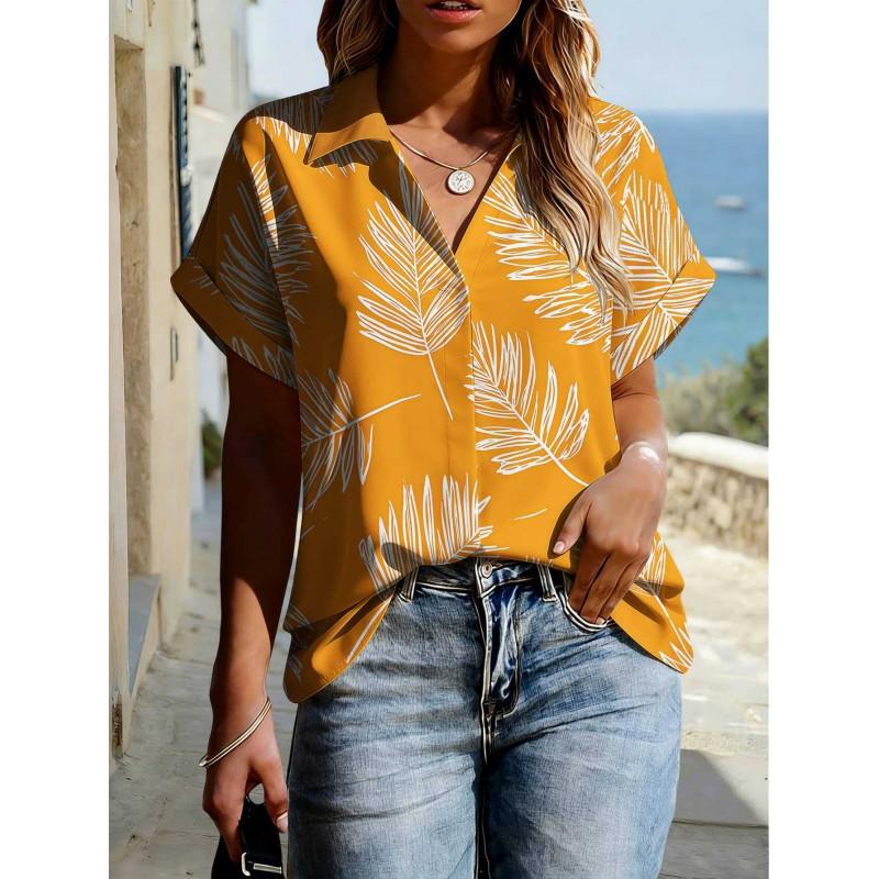 Floral Print Womens Loose Fit Short Sleeve V-Neck Top - Sleeveless Button-Free Casual Shirt Street Style