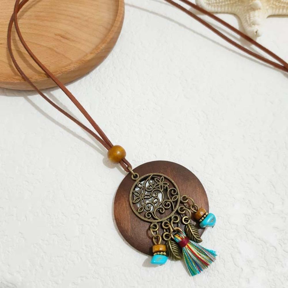 Round Sweater Chain Wooden Necklace Female Jewelry Vintage Leather Lanyard