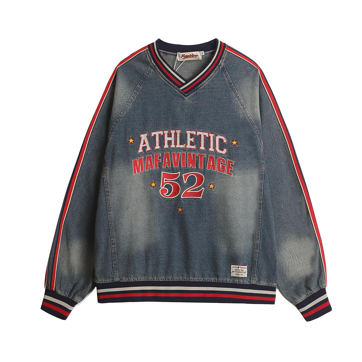Men s autumn new American jersey college style V-neck baseball jersey washed denim sweater men M