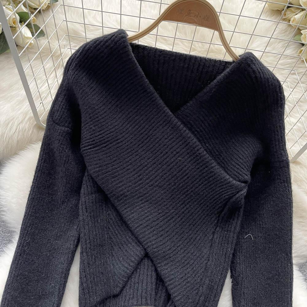 Herbst und Winter Koreanische Kreuz V-ausschnitt Unregelmäßige Lose Dünne Faul Wind Temperament Gestrickte Pullover