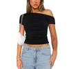 Summer Short Sleeve Slim Fit Casual Crop Tops New Slanted Shoulder Street Wear Women T-shirt Fashion Pleated T Shirt Solid Short Tees